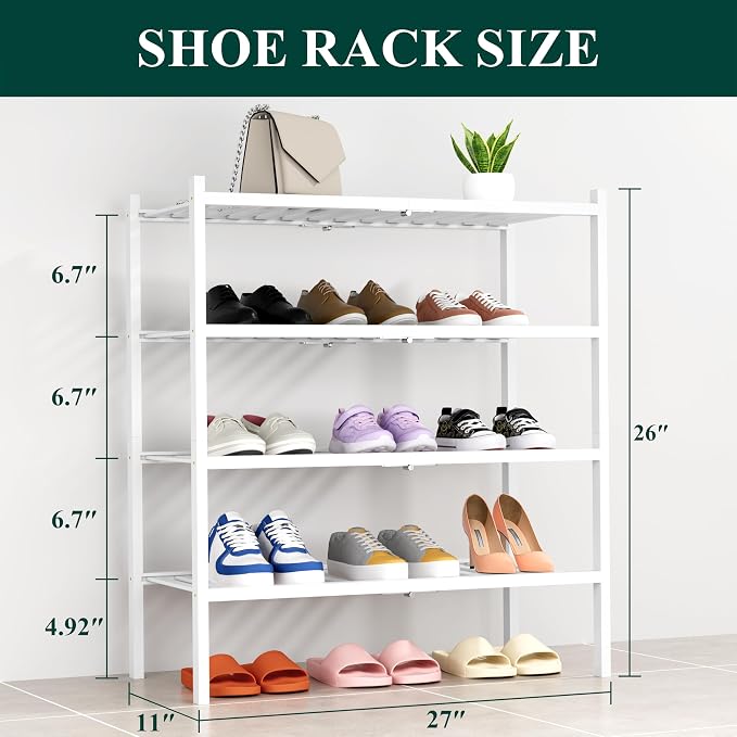 Smiry Bamboo Shoe Rack, 14 Vertical Slats, 4 Tier - 26.8" Wide, White | Stackable Free Standing Wooden Shoe Organizer, Wood Shoe Storage Shelf for Closet, Entryway, Thicher Leg