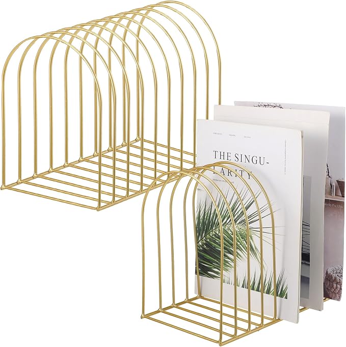Kosiz 2 Sets Wire File Organizer for Desk 9 Slots Metal File Holder Magazine Folder Mail Desktop Sorter Countertop Folder Stand Racks for Storage Back to School Office Home Photography Prop(Gold)