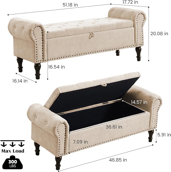 51" Storage Bench for Bedroom, Chenille End of Bed Bench, Queen Size Bench with Rolled Arms, Tufted Storage Ottoman Benches, Upholstered Bench for Bedroom, Living Room, Entryway, Camel