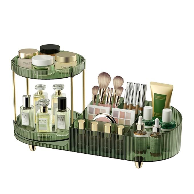 360 Rotating Makeup Organizer for Vanity, 2 Small Trays & 5 Compartments for Cosmetics, Skincare, Perfume, Lipstick & Make up Brush Holder, Bathroom Countertop Organizers and Storage for Dresser, Desk