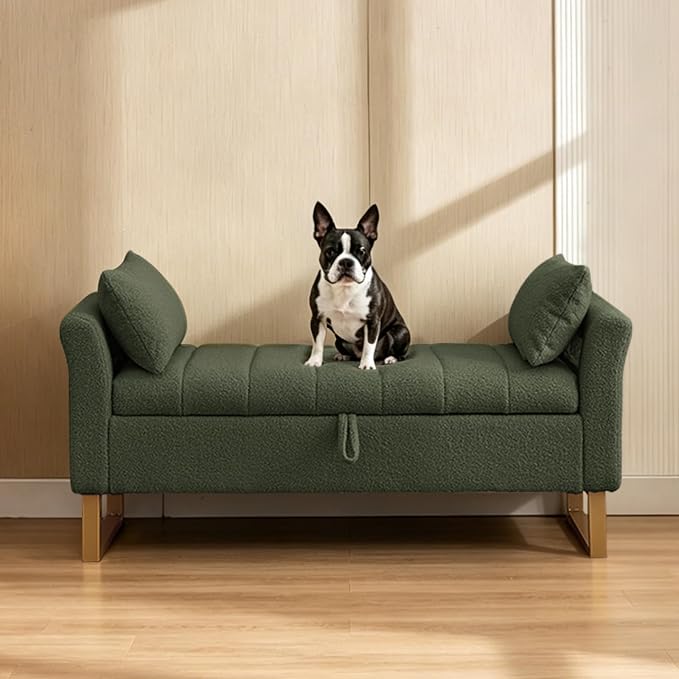 52" Storage Bench for Bedroom Upholstered End of Bed Bench Queen Size Green | Bedroom Benches for Foot of Bed Queen with Gold Legs,2 Pillows,Teddy Storage Ottoman Bench for Bedroom,Entryway,Cloakroom