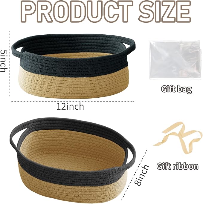 JMvicyroam Small Woven Basket, Empty Gift Basket, Black&Jute/1 Pack | Small Gift Basket, Cotton Rope, 12 x 8 x 81 in, Handles, Includes Ribbon and Bag, Birthday Gift Basket