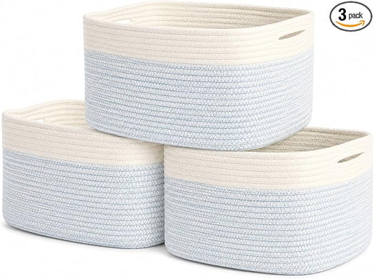 OrganiHaus Cotton Rope Baskets for Shelves, Set of 3, 15x9x10 | Handwoven; a toy bin and organizer for towels, books, or blankets; fits nursery, playroom, or bedroom decor