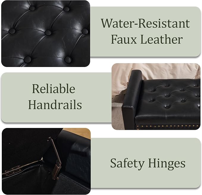 47'' Leather Storage Ottoman Bench, End of Bed Storage Bench with Wooden Legs, Upholstered Tufted Ottoman with Storage for Bedroom, Living Room, Entryway, Black