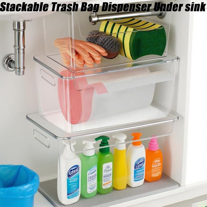3 Pack Trash Bag Organizer Under Sink, Stackable Plastic Garbage Bags Holder with Lid, Trash Bag Dispenser Roll Storage for Kitchen, Pantry & Laundry Room Organization