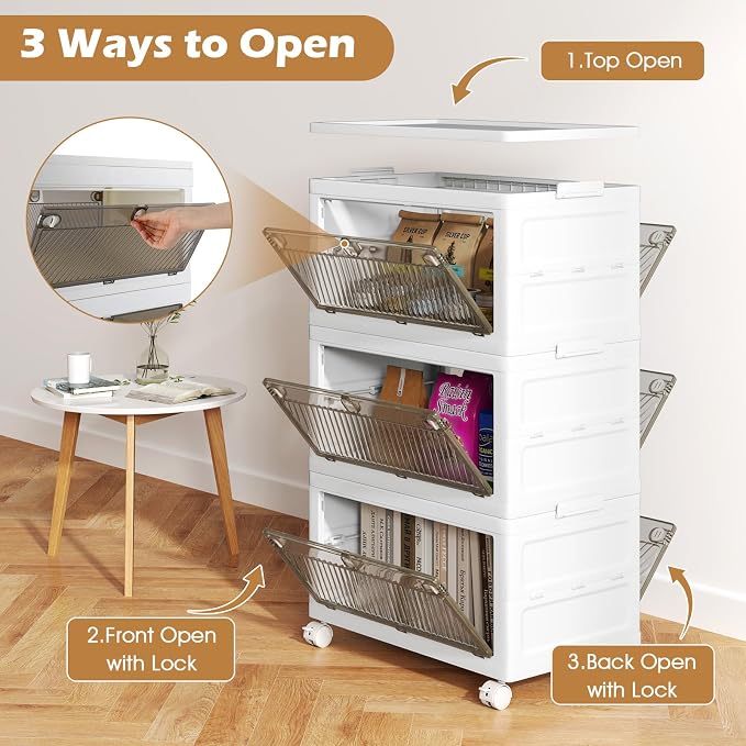 3-Tier Stackable Storage Bins, 33-gal Collapsible Storage Boxes with Lid, 3-Way-to-Open Drawers, Foldable and Stackable Closet Storage Organizer with Wheels for Bedroom, Cloakroom, Dorm