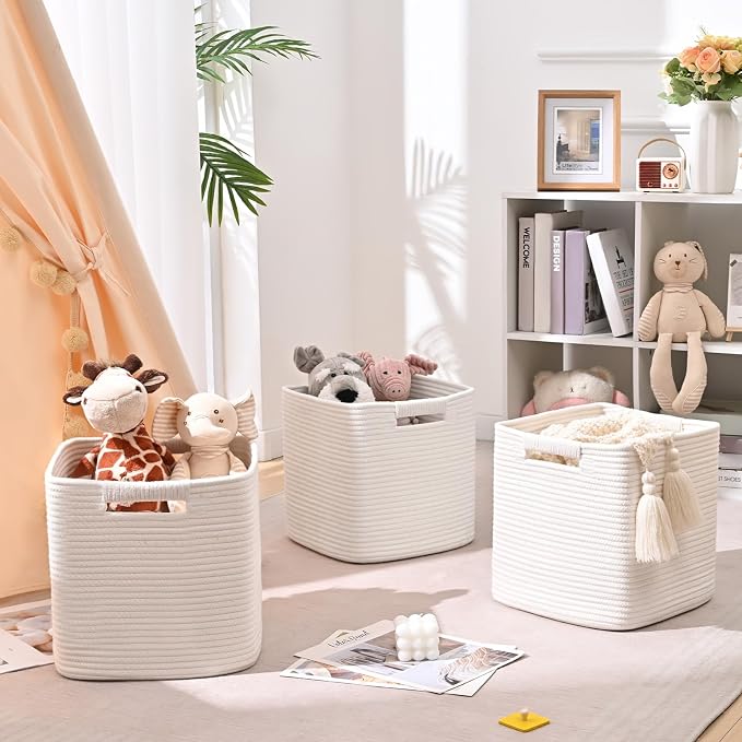 13 Inch Storage Cubes, 3 Pack Cube Storage Bins for Organizing, Cotton Rope Woven Baskets for Shelves, Bathroom, Kids Room, Closets, Baby Nursery