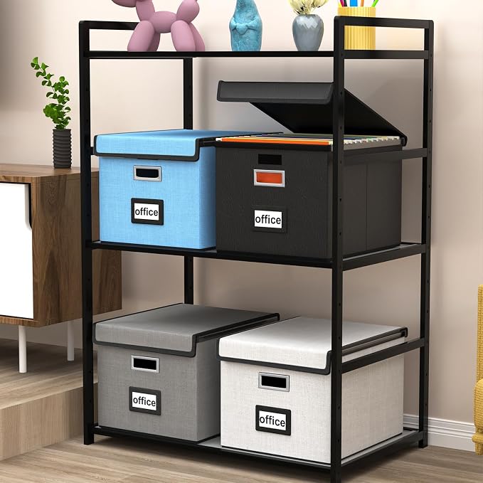File Organizer Box with Lids, Collapsible File Folder Organizer | File Box with Plastic Slides for Document Storage, Filing Bin for Letter Size Hanging File Folders (4 Pack, Black, Leather)