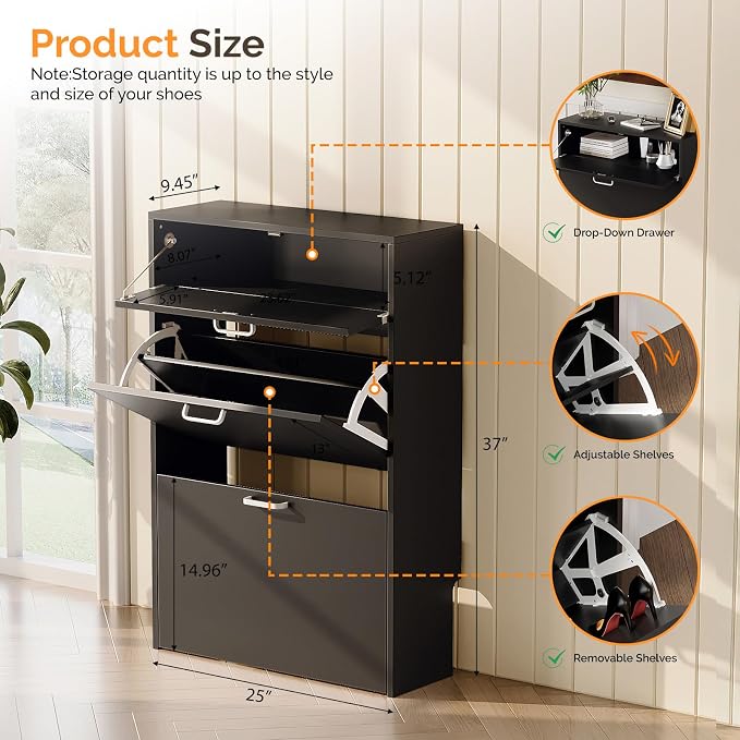 VINGLI Shoe Cabinet Storage for Entryway,Black Small Narrow Shoe Rack,25" W | 8–12 Pairs,Skirting Board Cutout,Drop-Down Drawer,9.4"D Slim,Modern Black,2 Flip Drawers,Adjustable & Removable Shelf