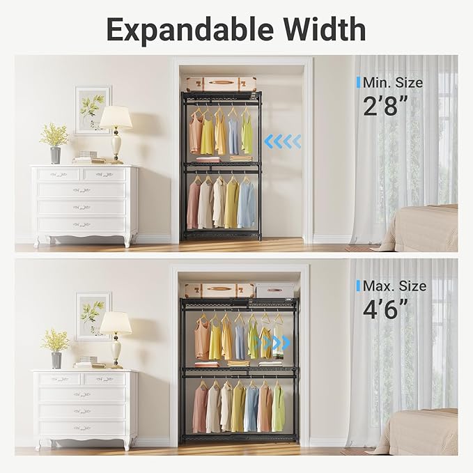 VIPEK X1 Plus Expandable Heavy Duty Clothes Rack, Clothes Organizer Black | Reach-in Closet System with Adjustable Shelves & Hanger rods from 2'8" to 4'6", Metal Clothing Racks Portable Walk-in Closet
