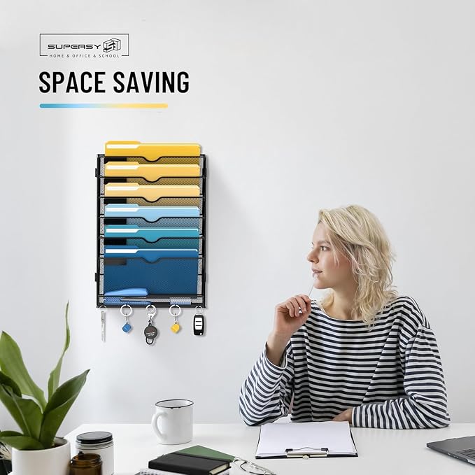 SUPEASY 7-Tier Hanging Wall File Organizer with Hooks, 2 Pack | Mesh Wall File Holder, Mail Organizer Wall Mounted for Papers, Documents, Folders and Magazines in Home Office, Classroom
