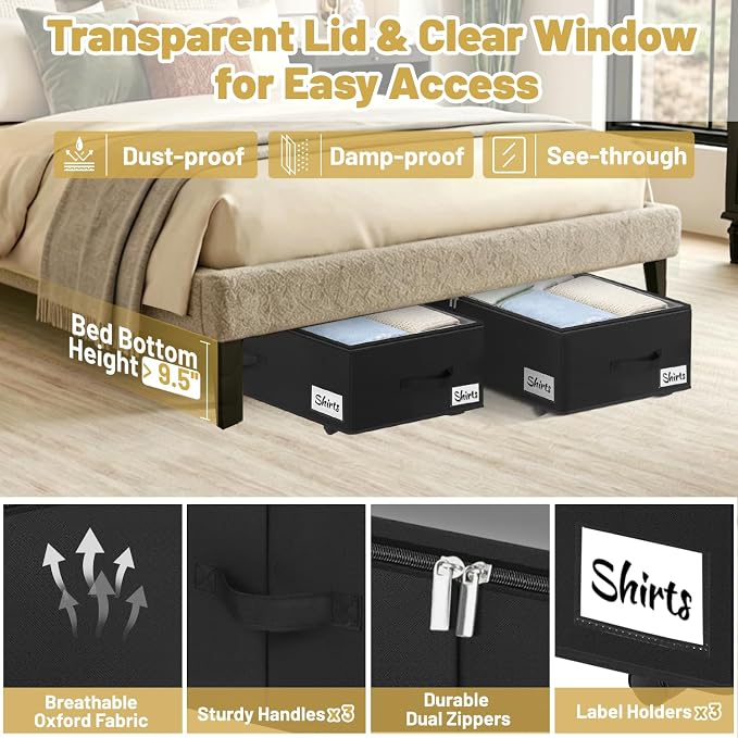 Under Bed Storage with Wheels, 2 Pack Underbed Storage Containers with Clear Lid & Label, XXL 75L Easy Assembly Rolling Under Bed Shoe Storage for Clothes, Shoes, Blankets, Black(28.3 X 16.5 X 9.5 in)