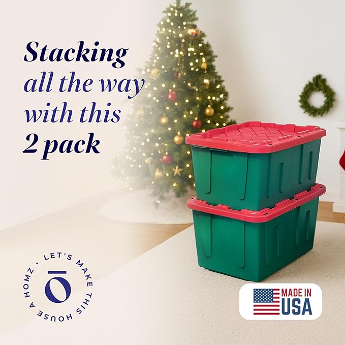 HOMZ Durabilt Plastic Storage Bins with Lids, 27 Gal, Red/Green, 2 Pack | Heavy-Duty Large Stackable Container Seasonal Boxes for Home, Attic, and Garage Organization