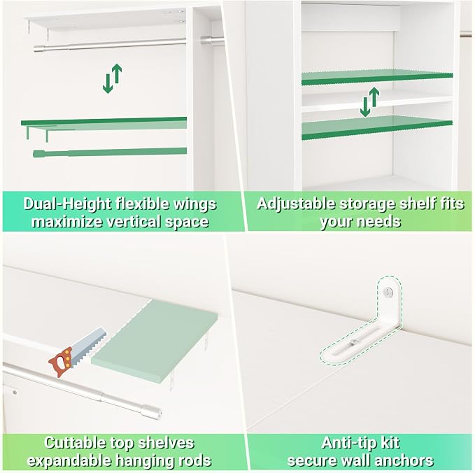 Besiost 48" Closet Organizer System, 4FT Closet System for Small Closets with 4 Hanging Rods & 3 Shelves, 80"H Small Closet Organizers and Storage for Bedrooms, Cloakrooms, White