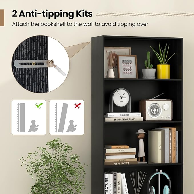 Giantex 6-Tier Bookcase, 70" Tall Wooden Bookshelf, Freestanding Storage Organizer w/Open Shelves, Anti-Tipping Kits, Modern Floor Standing Display Shelves for Living Room, Bedroom (1,Black)