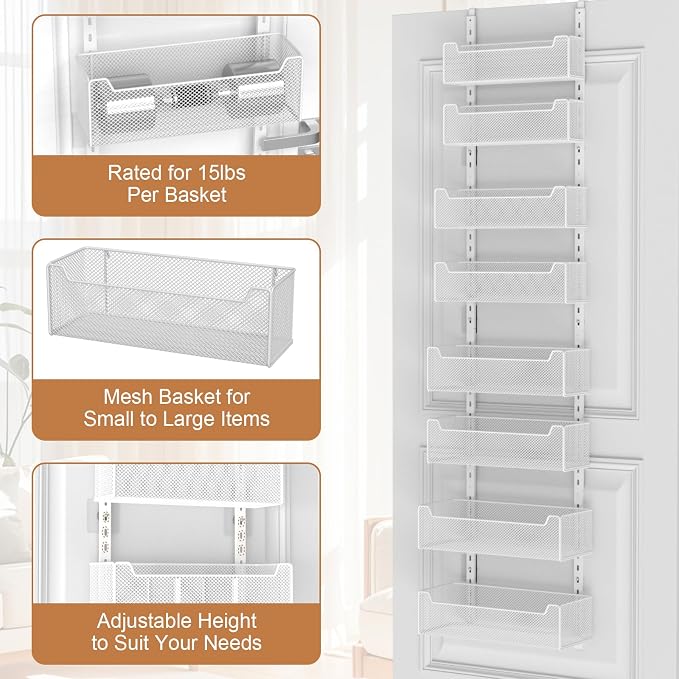VyGrow Over The Door Organizer, 8-tier Metal Door Organizer Hanging with Adjustable Baskets, Behind The Door Storage for Bedroom Closet Bathroom Pantry Cabinet Kitchen, White