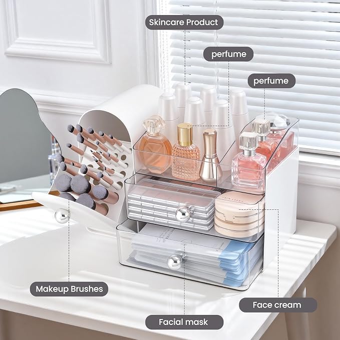 Makeup Organizer,Vanity Organizer with Makeup Brush Holder,White | Waterproof,Dustproof,Clear Drawer,Large Capacity,Storage Lipstick,Perfumes,Skincare for Dresser,Bathroom Countertop,Desk,Gift