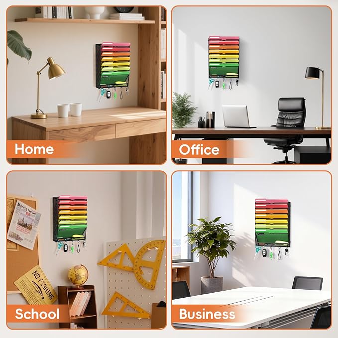 8-Tier Wall File Organizer with Hook, Hanging File Organizer Black | Wall-mounted mail storage holds papers, folders, files, clipboards and magazines, assembly required for office or home use.