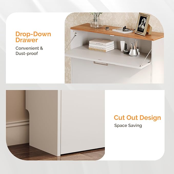 VINGLI Shoe Cabinet for Entryway, Slim Shoe Rack Storage Organizer with 3 Flip Drawers, Modern White Hidden Shoe Shelf with Oak Top, Narrow Free Standing Sneaker Cabinet for Hallway, 9.5" Depth