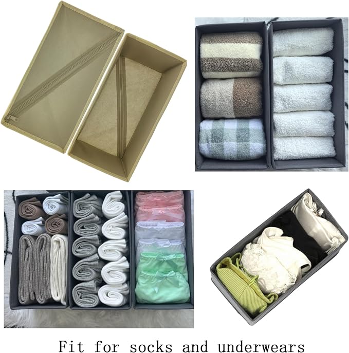 Bructhun Sock Drawer Organizer 3 Pack - Collapsible Fabric Storage Bins for Underwear Divider, Small Closet Organizers with 3 Compartments, Khaki