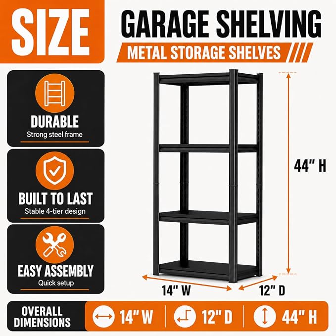 Garage Shelving, Heavy Duty Adjustable Boltless Metal Storage Shelves | 2400 LBS Industrial Steel Rack for Pantry Kitchen Basement Warehouse Storage, 45"Hx 14"Wx 12"D