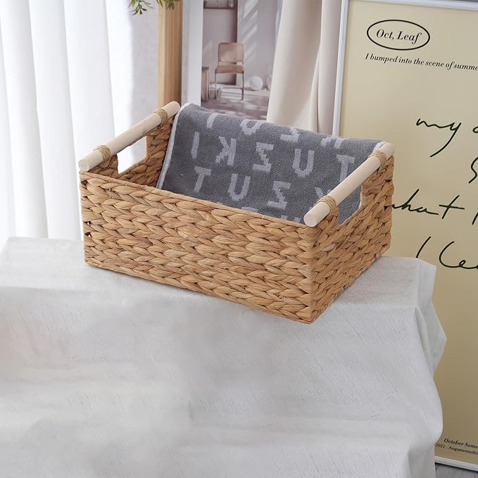 Woven Storage Basket, Small Wicker Organizer, 11.6x8.1x4.9 | 11.6x8.1x4.9" small natural woven basket with handles; compact wicker organizer for shelves, pantry, bathroom and gifting.