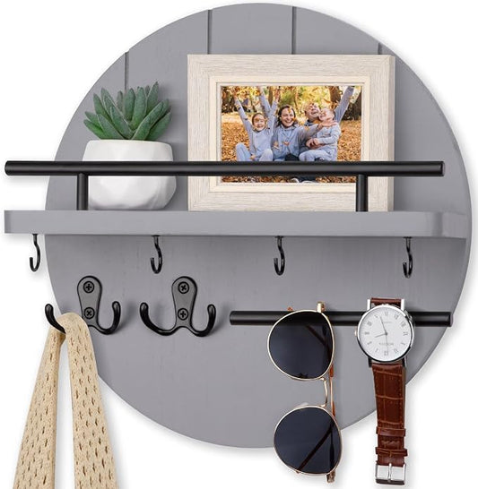 Nekon Key Holder Wall Mount, 11.8 Inch Key Rack with Shelf and 6 Key Hooks, Rustic Key and Mail Organizer, Circular Wooden Key Hanger for Entryway Hallway Kitchen (Gray)