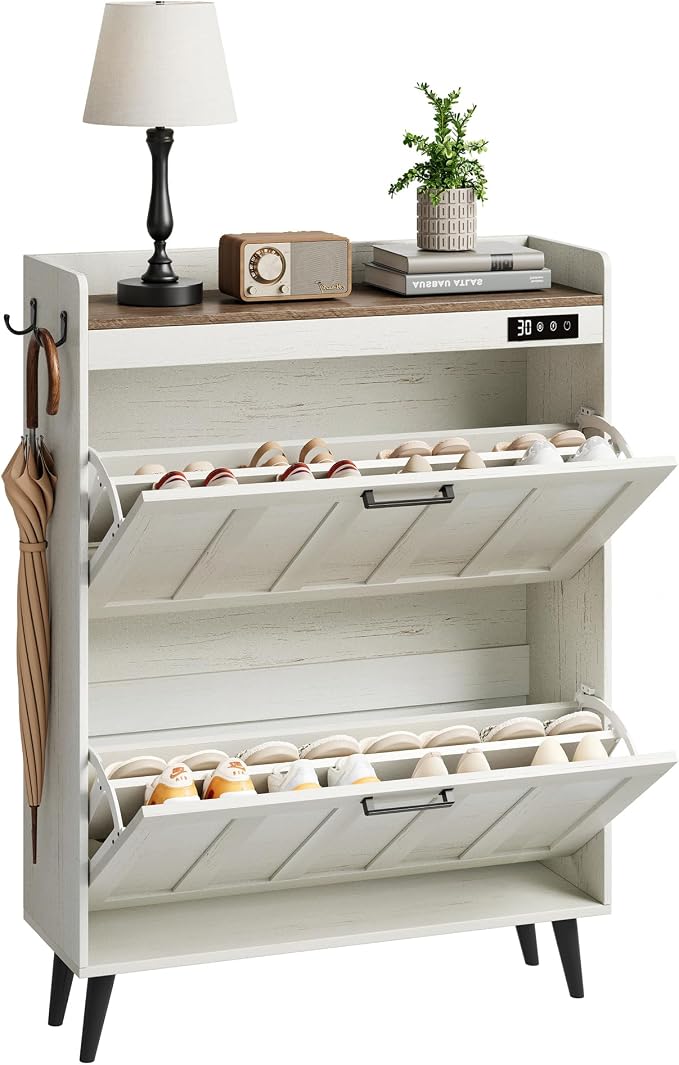 ChooChoo Shoe Storage Cabinet with 2 Flip Drawers for Entryway | Shoe Organizer Storage with Deodorizer, Freestanding Hidden Slim Narrow Shoe Rack Cabinet, Antique White & Brown