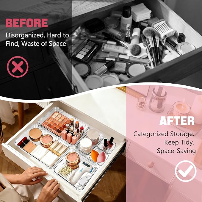 21 PCS Extendable Drawer Organizer Set Clear Stackable Vanity Storage Bins | 3-Size BPA-Free Acrylic Trays, Non-Slip Durable Boxes for Makeup Cosmetics Office Desk Utensils Bathroom Dresser Countertop