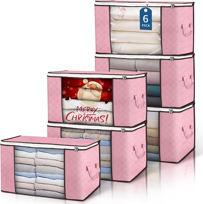 90L Large Storage Bags, 6 Pack Clothes Storage Bins Closet Organizers | Foldable Storage Containers, with Reinforced Handle, for Clothing, Blanket, Comforters, Bed Sheets, Pillows and Toys,Pink