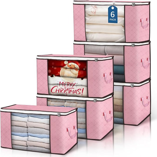 90L Large Storage Bags, 6 Pack Clothes Storage Bins Closet Organizers | Foldable Storage Containers, with Reinforced Handle, for Clothing, Blanket, Comforters, Bed Sheets, Pillows and Toys,Pink