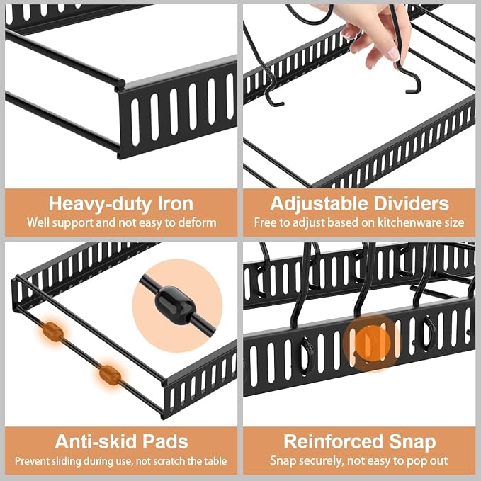 Housolution 2 Pack Pot and Pan Lid Organizer Holder Storage Rack, Black | 12"-23" Expandable, 14 Adjustable Dividers, Sturdy Metal Construction, Easy Assembly