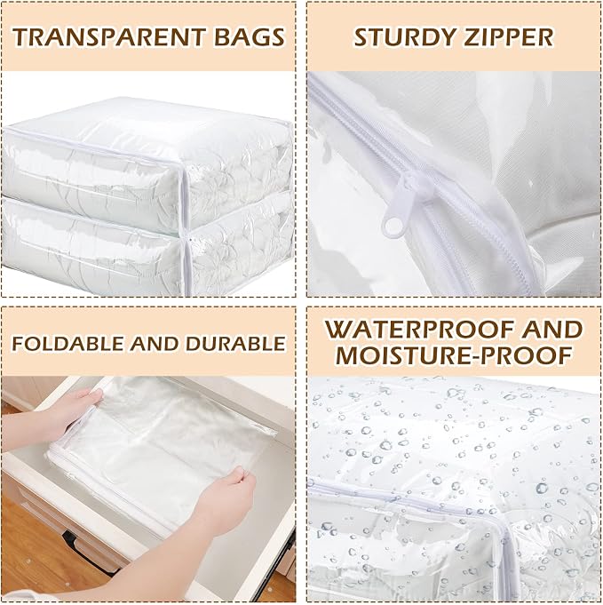 6 Packs Clear Zippered Storage Bags 24 x 20 x 11 Inch Sweater Moth Bags Vinyl Plastic Storage for Blankets Clothes Bed Sheet Organizer with Zipper for Closet Linen Sweater Clothes Comforters Pillow