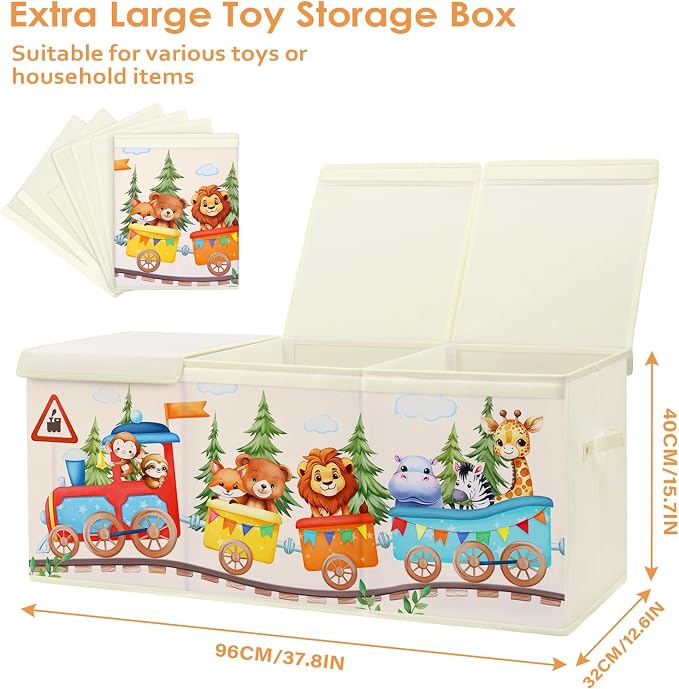 Large Toy Box Collapsible Chest Organizer with Flip Lid for Kids | Oxford Storage Box with Handle for Boy Girl Sturdy Waterproof Organizing Decor for Bedroom Playroom Nursery 37.7×12.5×15.7''
