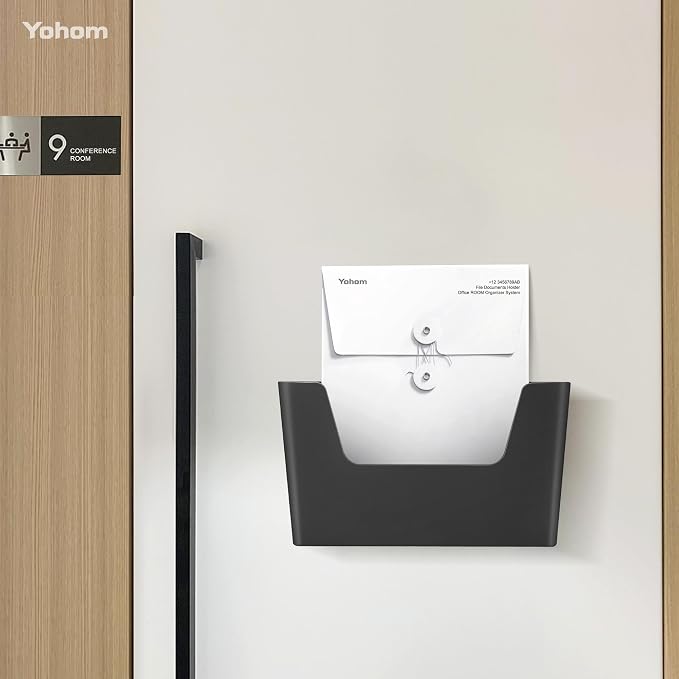 YOHOM Adhesive File Holder Plastic Document Folder Door No Drilling Mount Mail Magazine Organizer A4 Filing Envelopes Folder, Office Wall Mount Single Pocket (BLACK, 3 PCS)