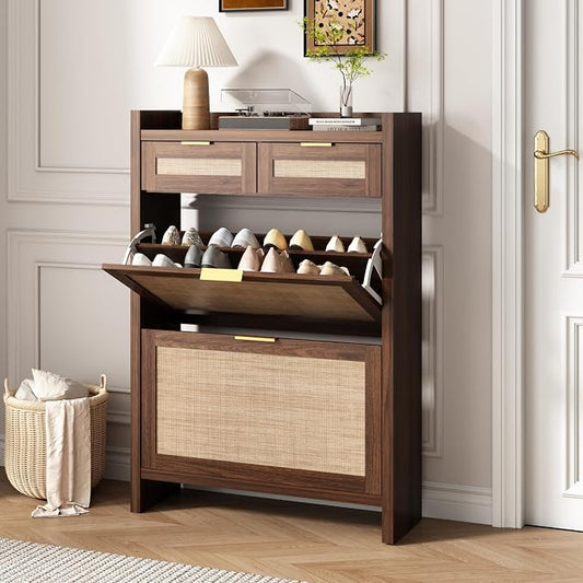 HOKYHOKY Rattan Shoe Storage Cabinet with 2 Drawers & 2 Flip Drawers | Hidden Slim Shoe Organizer, Farmhouse Boho Narrow Shoe Rack, Large Tabletop Space, Entryway, Walnut