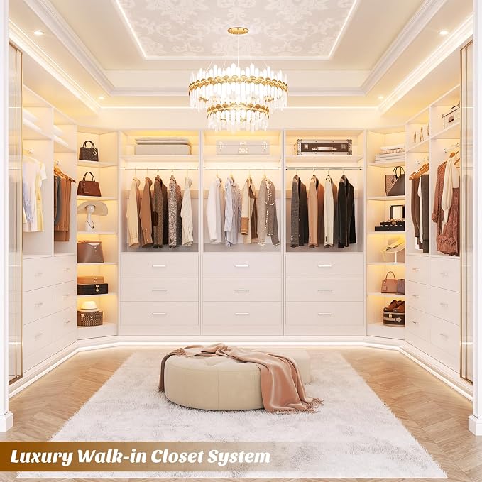 Besiost Closet System with 6 Drawers & 10 Shelves, Corner Closet Organizer System, Reversible Walk-in Closets, (L-Shaped 31.5" L * 31.5" W / I-Shaped 62.9" L * 15" W), Load 1500+LBS, White