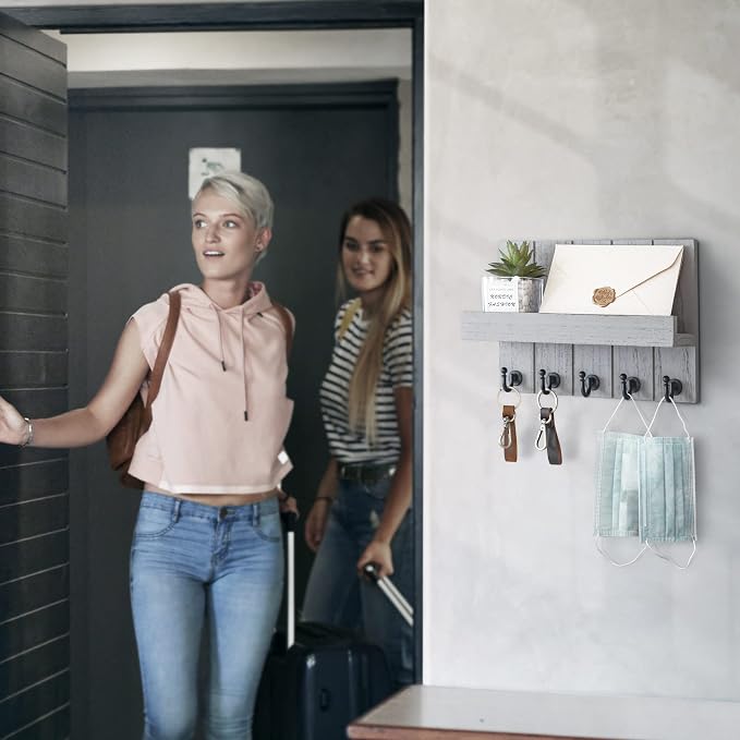 Rebee Vision Key Holder Wall Mount with Shelf, Hooks for Home Decor, Gray | 3.54"D x 10"W x 7.28"H, 5 Modern Hooks, Pine Wood Key Holder for Wall, Mail Organizer, Farmhouse Decor, Apartment Essential