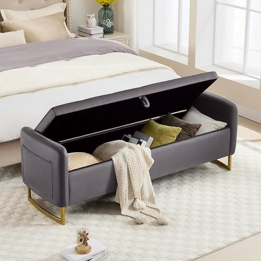 65" End of Bed Storage Bench, Modern Storage Benches for Foot with Tufted Button and Gold Legs, Upholstered Window Bedroom Benches with Armrests, Dark Grey