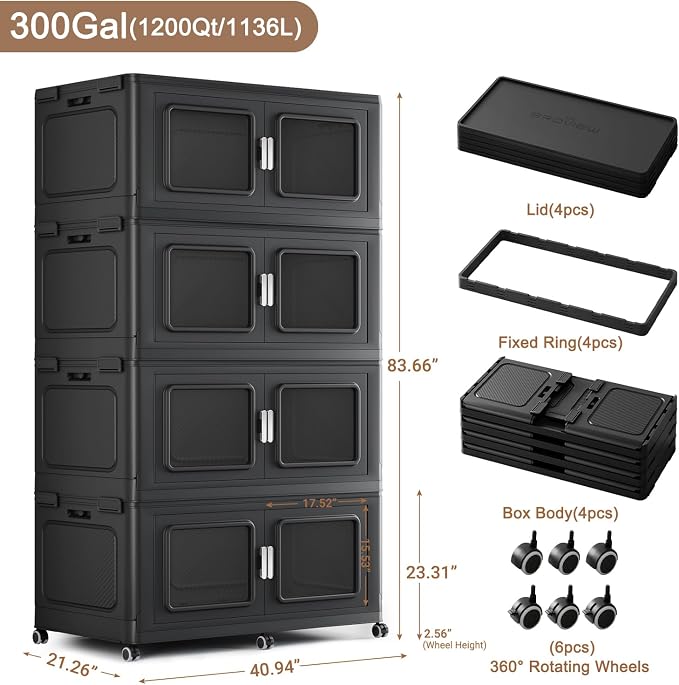 BROVIEW 1200 Qt/300 Gal Stackable Storage Bins with Lids, 4 Pack, Black | Large Stackable Storage Boxes w/ 4 Lid Folding Plastic Cart Organizer for Home Kitchen, Open Front Clear Door with Wheels