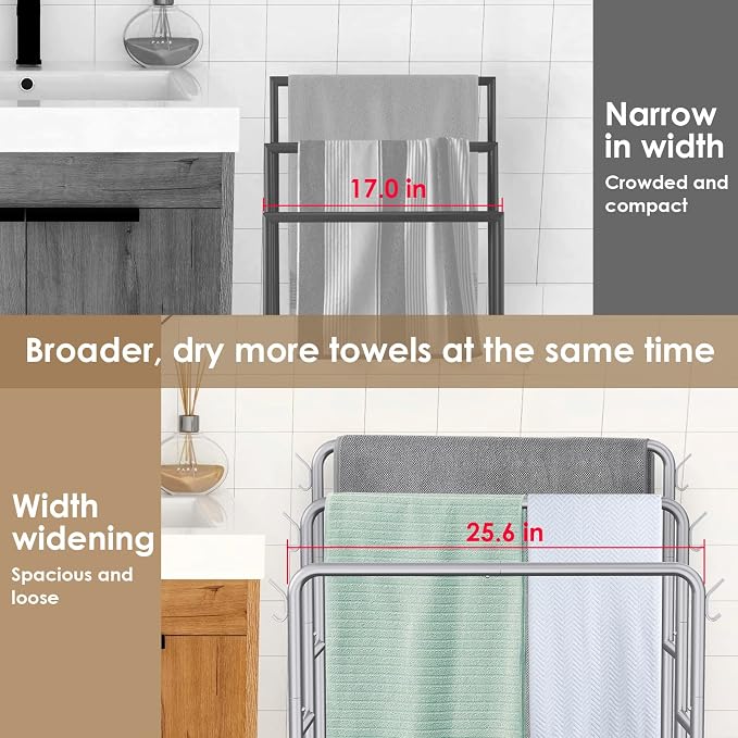 Kayfia 40'' Freestanding 3 Tier Metal Towel Rack, 2 Baskets & 6 Hooks | Dual-Use Drying & Display Rack, Holds Oversized Bath Towels & Blankets, fits Indoor, Bathroom, Bedroom & Outdoor, Silver