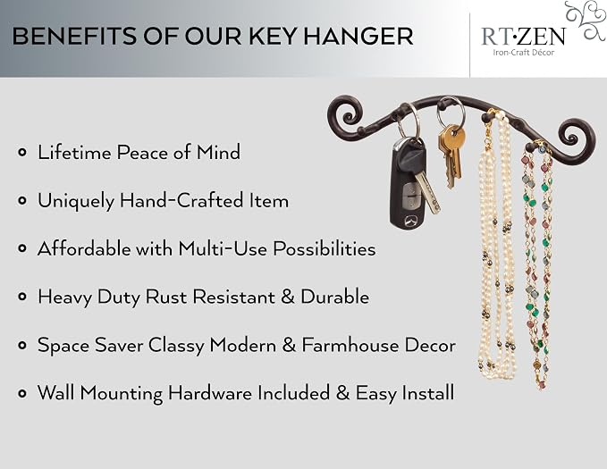 RTZEN Farmhouse Small Key Holder for Wall, Wrought Iron Wall Mount Rack | Handcrafted Swirl Decorative, 5 Key Hooks for Home Entryway, Purse, Coat and Leash Holder or Organizer (Swirly Black)