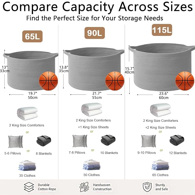 90L Extra Large Blanket Basket,Woven Rope Laundry Basket-Light Grey | Collapsible, reinforced handles, nursery storage bin organizes clothes, toys and pillows for living room, bedroom bathroom
