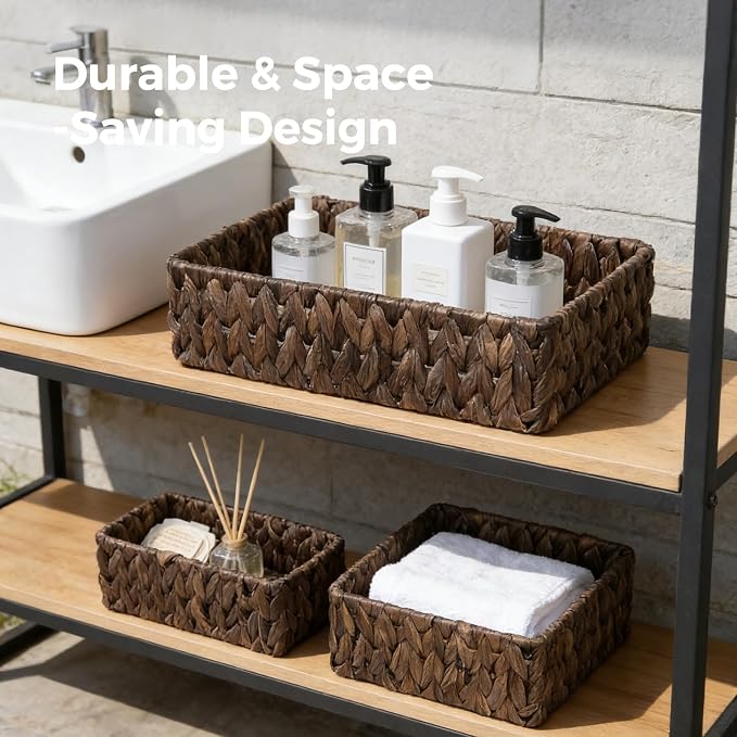 Wicker Storage Baskets Set of 3, Large and Small Pantry Baskets Set, Brown | Handwoven Water Hyacinth Baskets for Organizing, Decorative Natural Woven Baskets 3Pack for Toilet Shelves, Boho Decor