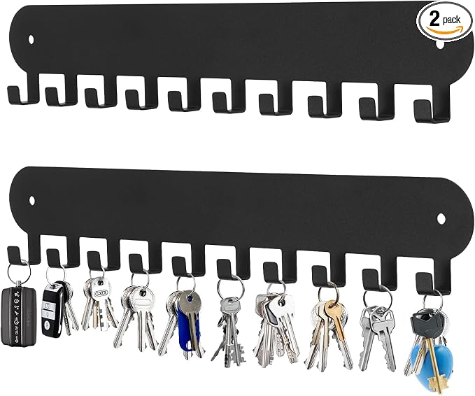 2 Pack Key Holder for Wall, Key Hooks with 10 Hooks, Black | Key Holder Wall Mount Self Adhesive, Key Rack for Wall No Drill for Living Room, Kitchen, Bathroom, Garage