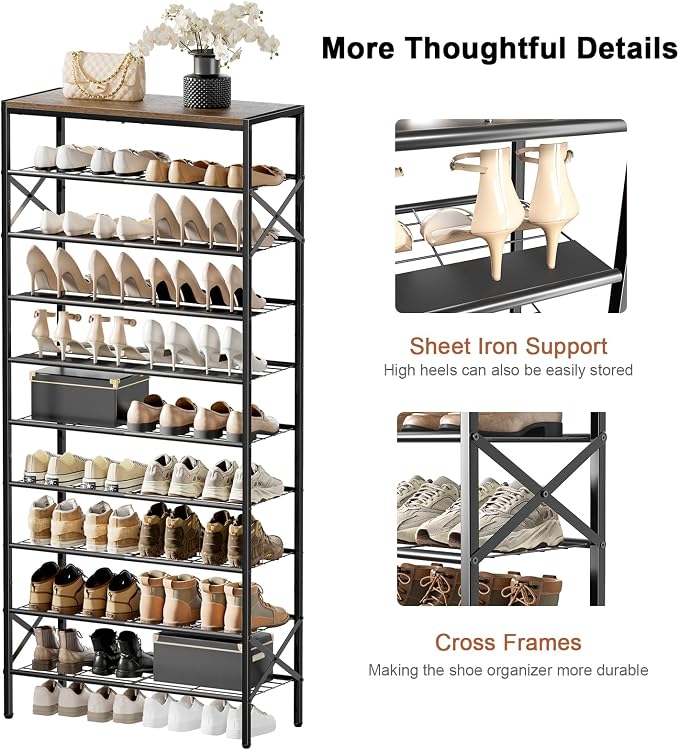 10 Tier Metal Shoe Rack with Wood Top, 30-40 Pairs Rustic Brown | 65.4in tall for max capacity. 3 iron sheets secure heels. Removable shelf for boots. Top displays decor.