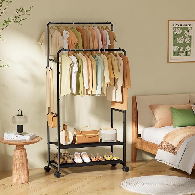 Simple Trending Clothes Rack, Double Rods Clothing Rack with Shelves, Black | Metal Garment Rack with 2-tier Fabric Shelves, 400 LBS Load, Anti-Slip Stoppers, 360° Lockable Wheels, Bedroom, Laundry Room