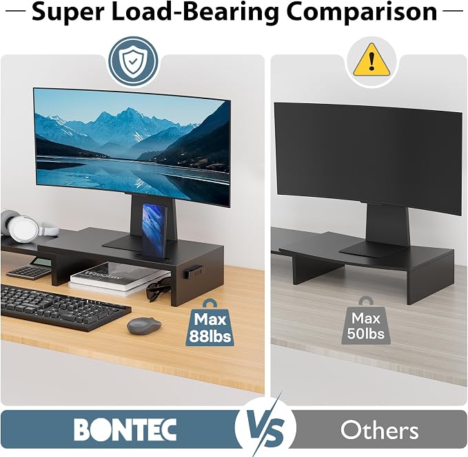 BONTEC Dual Monitor Stand Riser, Adjustable Length & Swivel Angle, Black | Ergonomic Wooden Desktop Organizer with Smartphone Holder, Computer Monitor Stand for PC, Laptop, Printer and Large Storage