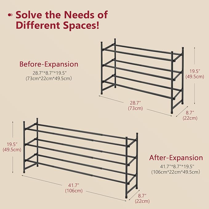 Expandable Shoe Rack for Closet 3 Tier, 28“-41“Stackable, Black | Adjustable Shoe Organizer Closet Shoe Rack Floor, Metal Shoe Shelf Storage for Entryway, Closet, Garage, Front Door Entrance