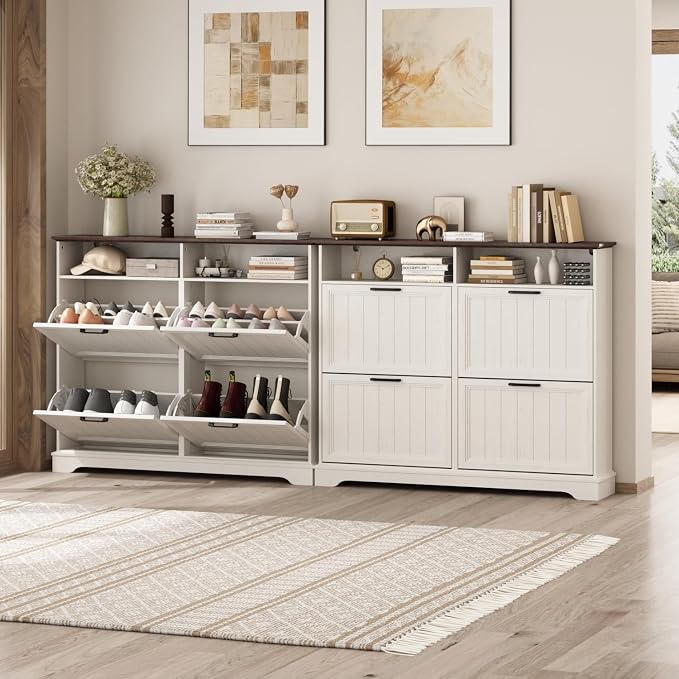 Hidden Shoe Storage Cabinet with 4 Flip Drawers & Open Storage | Farmhouse Modern Shoes Rack Cabinet,Adjustable Shelves ,Narrow Slim Shoe Organizer for Entryway,Foyer,Hallway,Antique White